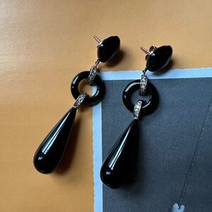 Black Obsidian Drop Earrings with Crystal Accent